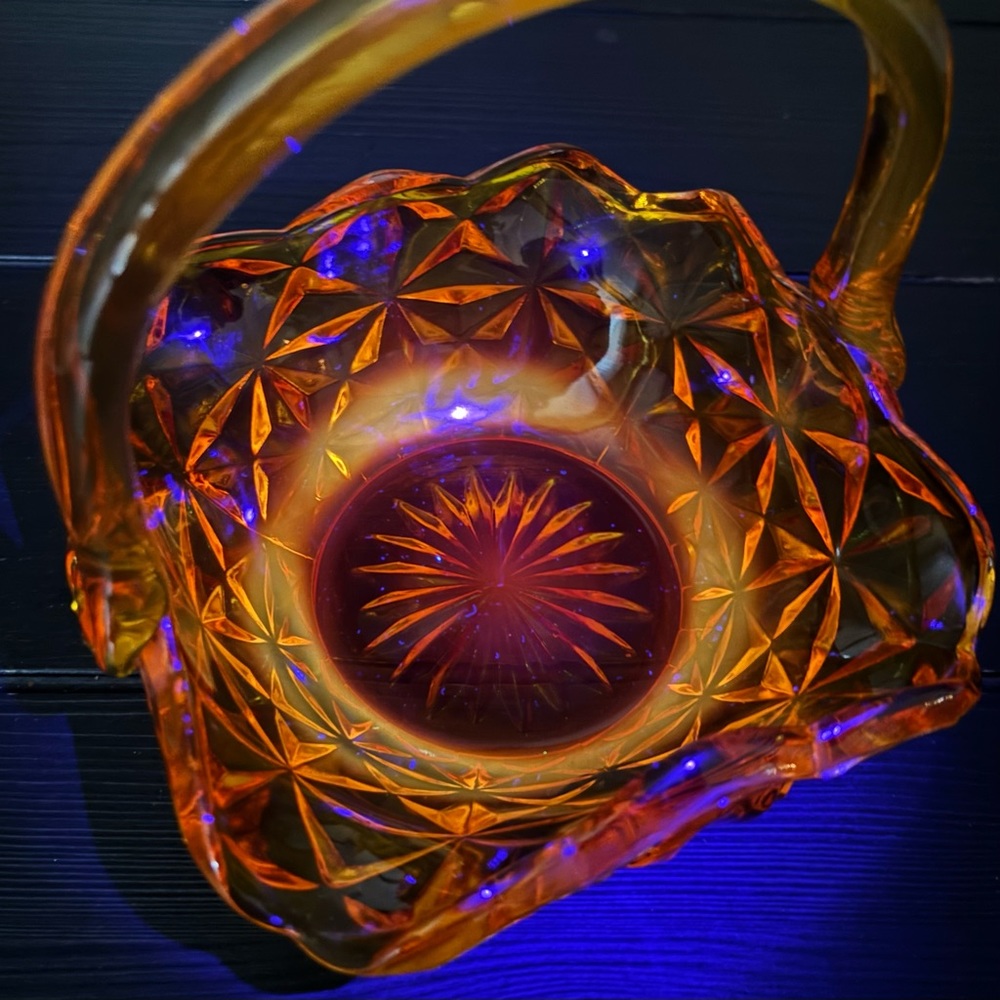 Vintage Amber Yellow Monticello Basket, Indiana Glass Co UV Glow 365 Amberina